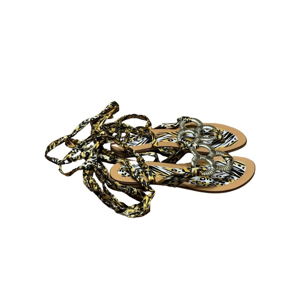 Leopard Print Lace-Up Sandals By Bumper With Metallic Accent Rings Sz 8